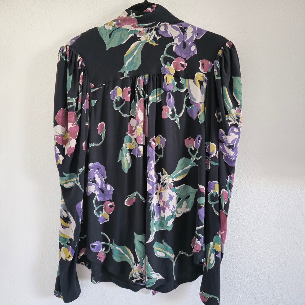 Lauren Ralph Lauren Black Floral Print Jersey Tie Neck Blouse Long Puff Sleeve M - Picture 4 of 9